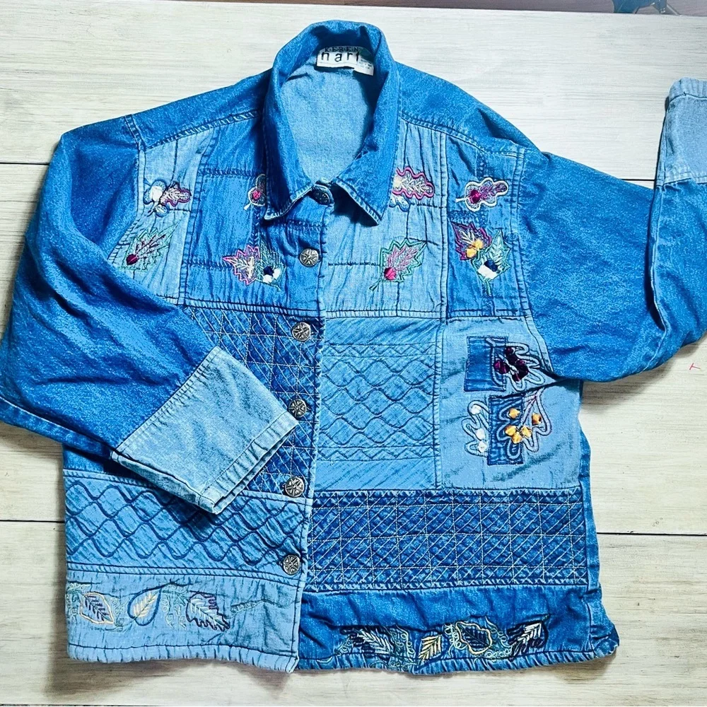 Vintage Embroidered Quilted Denim Shacket XL Coastal Cowgirl Coastal Grandma - Picture 1 of 16